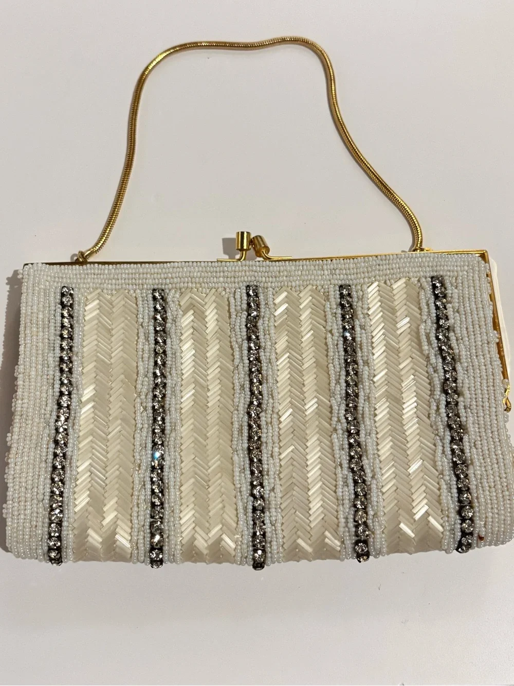 Vintage LaRegale White Beaded Evening Clutch with Rhinestone Stripes